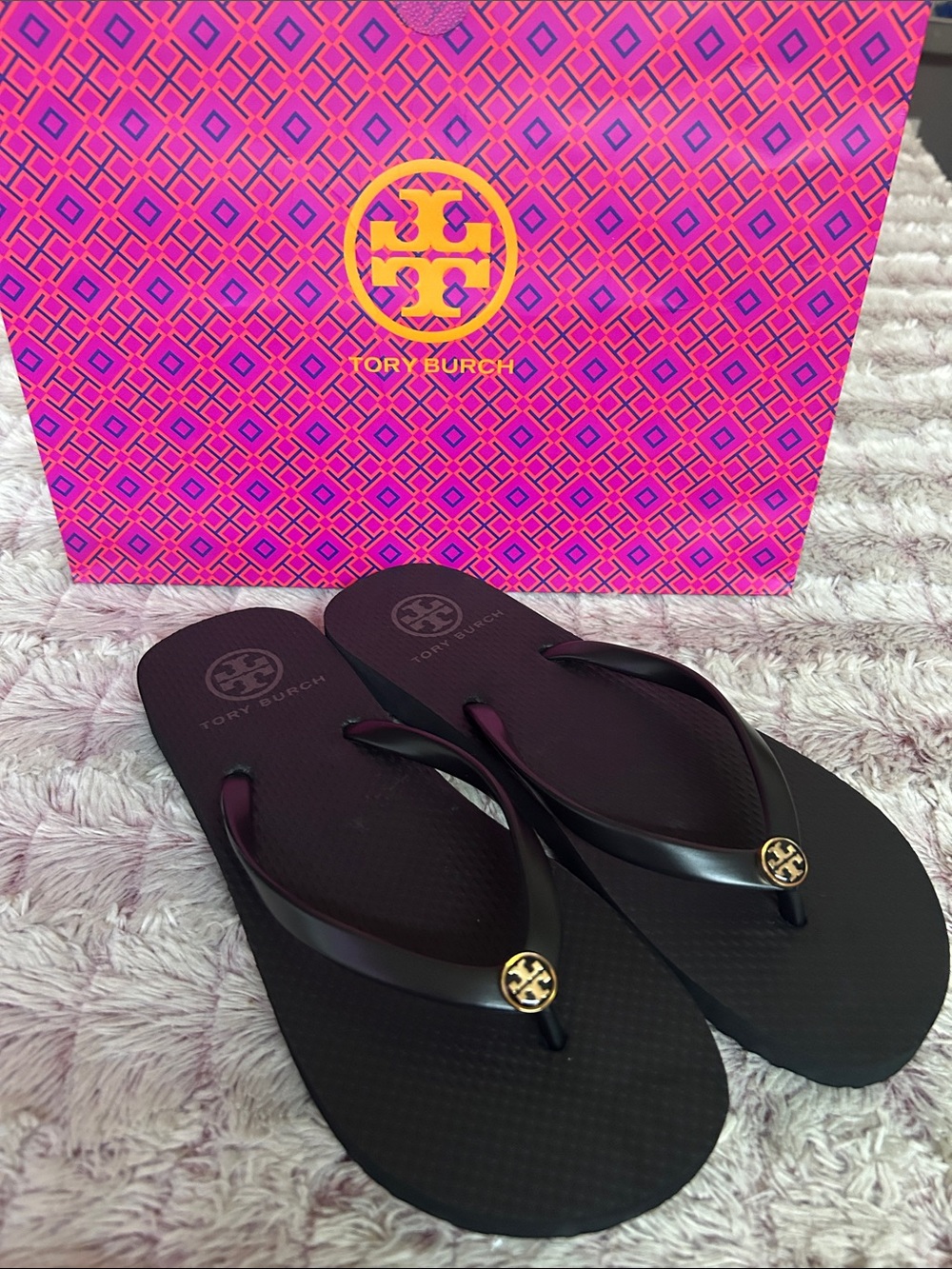 Tory Burch Black Flip Flops  Gold Logo Medallions comes in Tory Burch gift